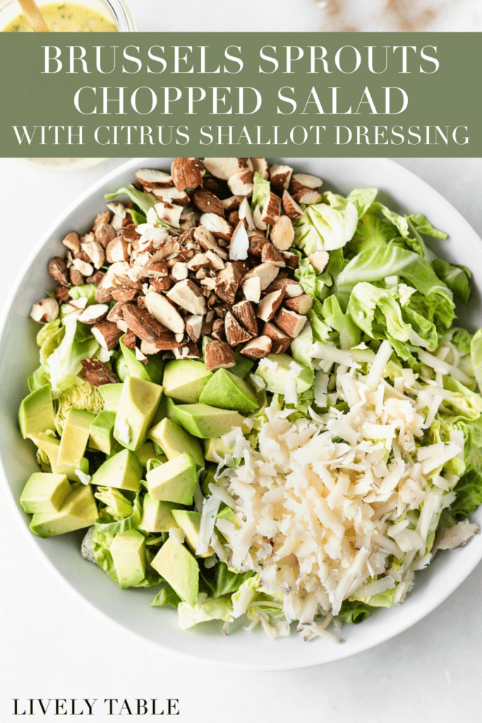 overhead view of chopped brussels sprouts salad ingredients in a bowl with text overlay.
