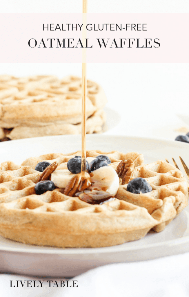 These light and fluffy, healthy gluten free oatmeal waffles are a delicious breakfast treat that's easy to whip up in the blender. Perfect for weekend mornings or to prep ahead and freeze! (#glutenfree, #nutfree, #dairyfree option) #breakfast #brunch #waffles #whoelgrain #healthy #blender