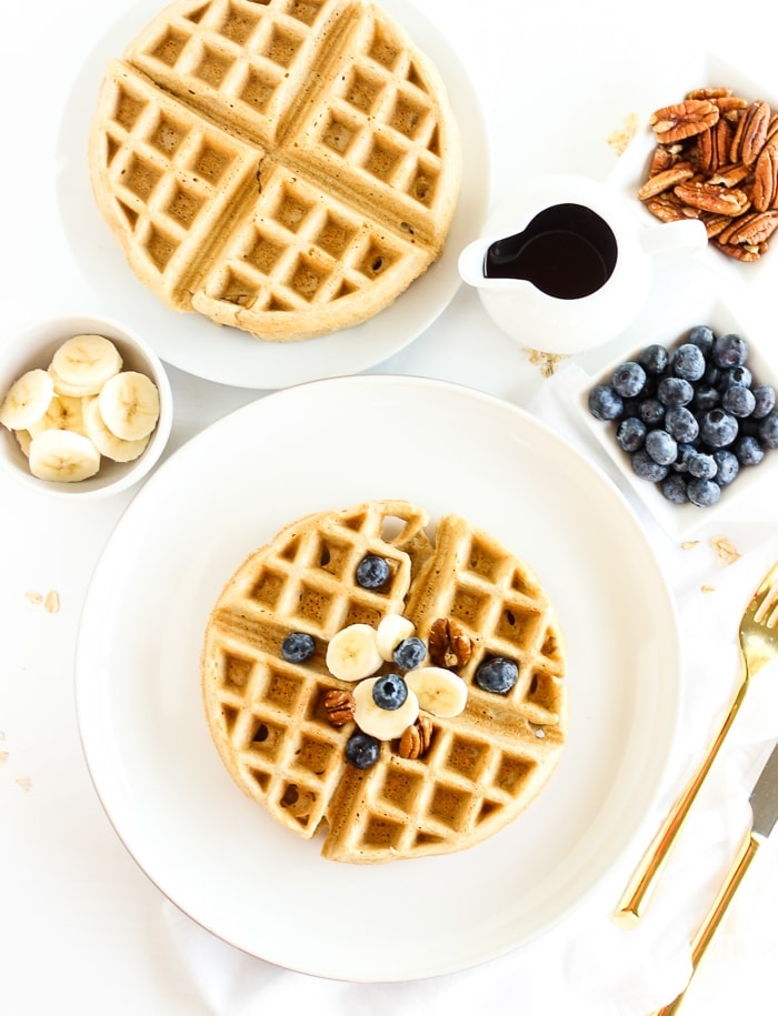 These light and fluffy, gluten-free oatmeal waffles are a healthy breakfast treat that's easy to whip up in the blender. Perfect for weekend mornings or to prep ahead and freeze! (gluten-free, nut-free, dairy-free option)