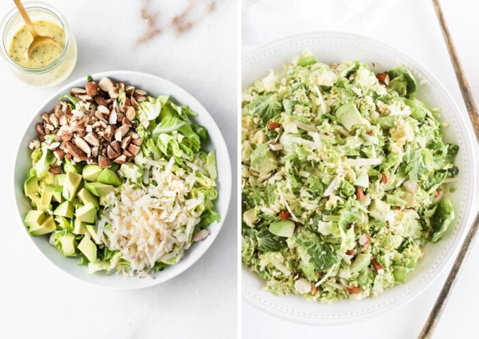 two image collage with overhead view of chopped ingredients for shredded brussels sprouts salad and the mixed brussels sprouts salad.