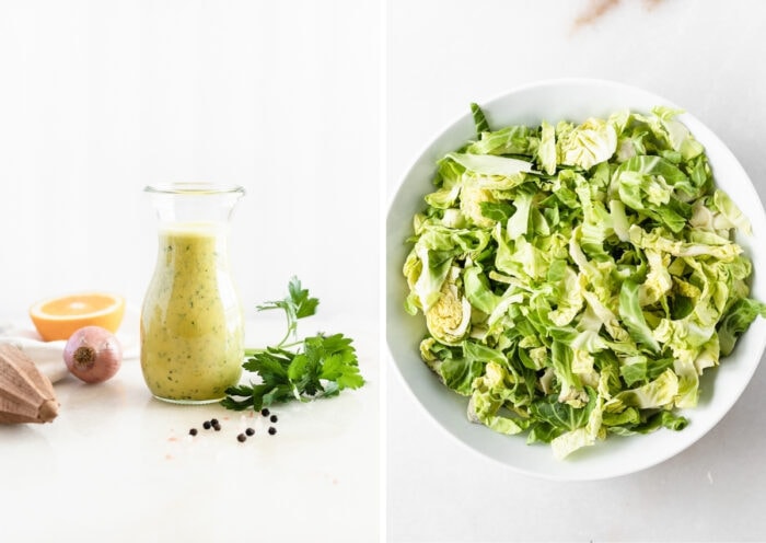 two image collage with a glass jar of citrus shallot dressing and an overhead view of a bowl with shredded brussels sprouts.
