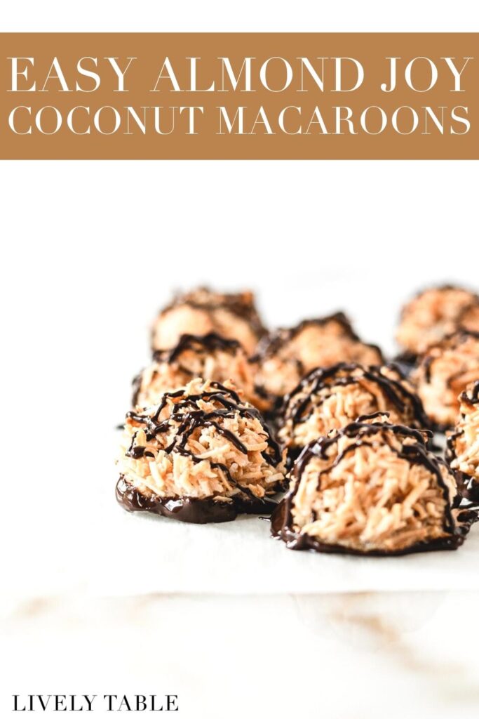 almond joy coconut macaroons on a piece of parchment with text overlay.