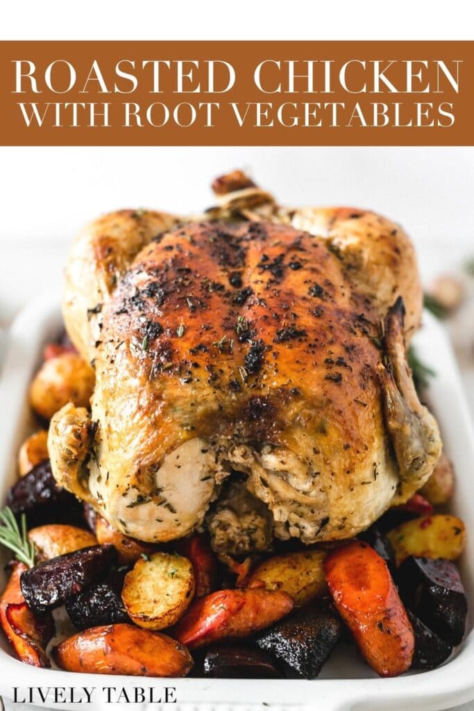 whole roasted chicken on top of root vegetables on a white platter with text overlay.