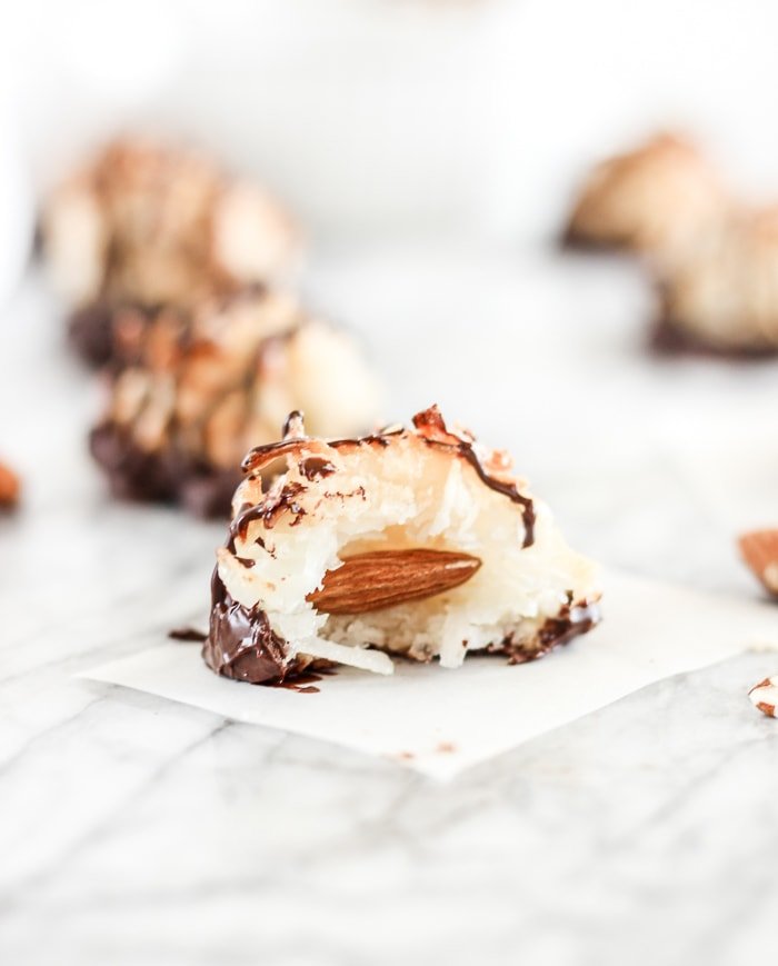 almond joy coconut macaroon with bite taken out