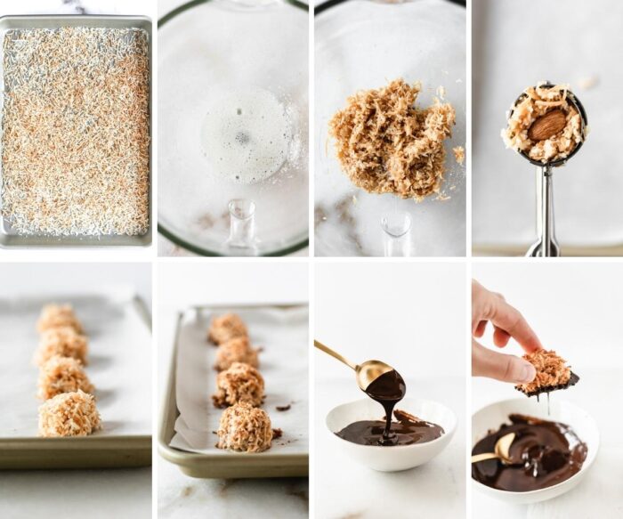 8 image collage showing steps for making almond joy coconut macaroons