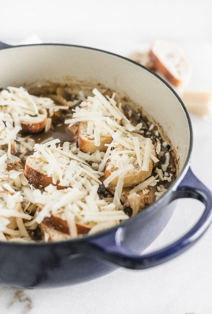 french onion chicken in a skillet.