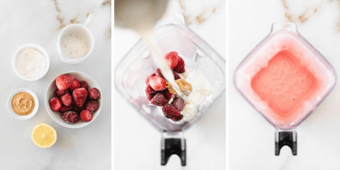 three image collage showing ingredients for a healthy strawberry cheesecake smoothie, the ingredients in a blender, and the blended smoothie in the blender.