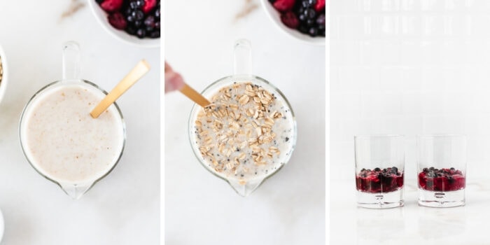 three image collage showing steps for making pbj overnight oats.