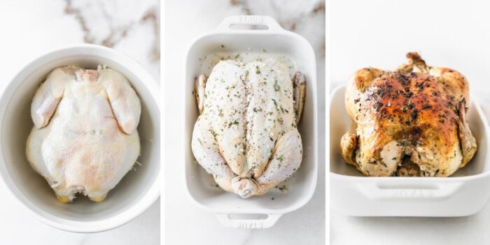 3 image collage showing steps how to making garlic herb roasted chicken.