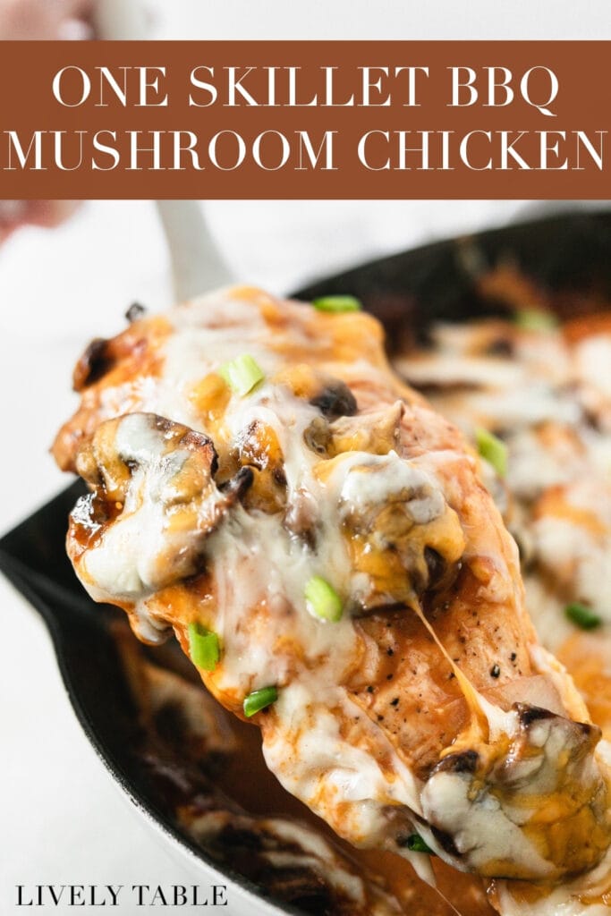 bbq mushroom chicken breast with cheese being pulled from a skillet with text overlay.