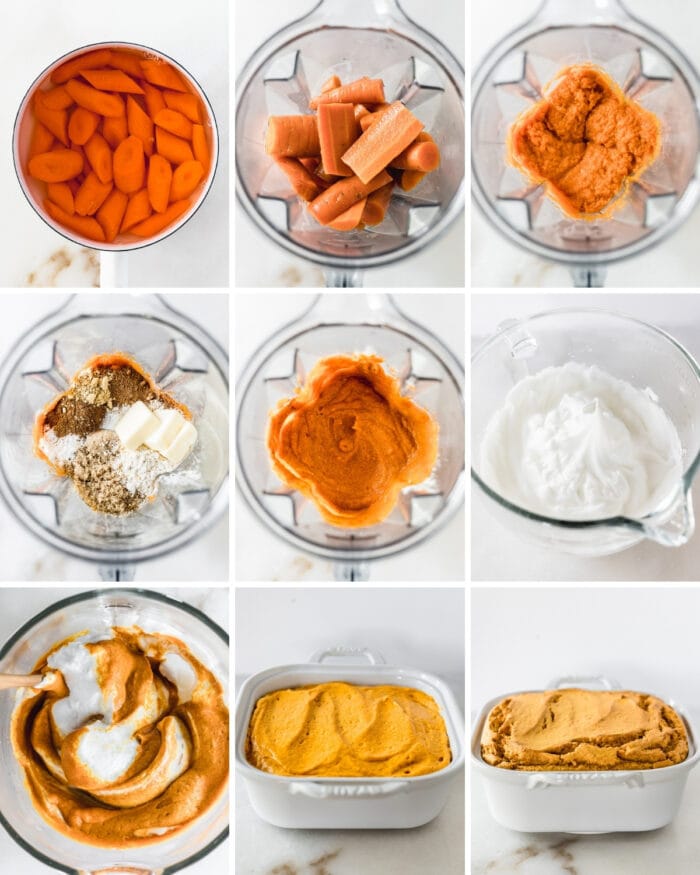 9 image collage showing steps for making cinnamon ginger carrot souffle.