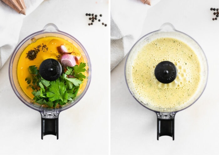 overhead view of food processor with ingredients for citrus shallot dressing next to the blended dressing in the food processor.