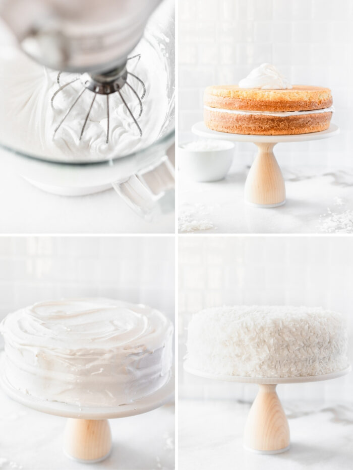 four image collage showing steps for assembling coconut cake with 7 minute frosting.
