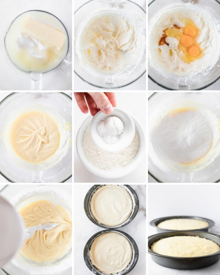 9 image collage showing steps for making coconut cake.