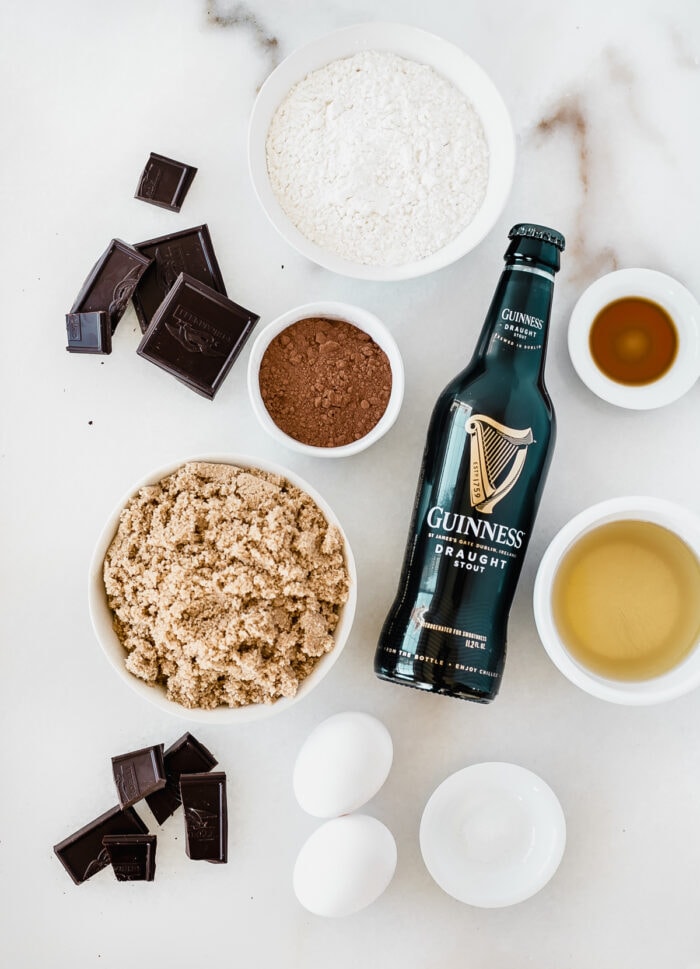overhead view of ingredients needed to make guinness brownies.