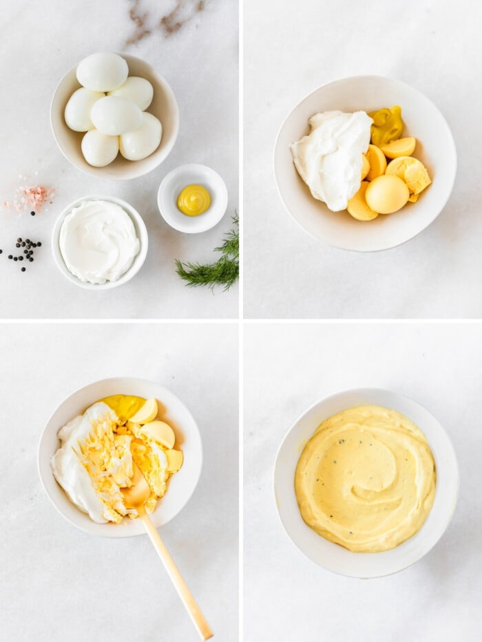 four image collage showing steps for making greek yogurt deviled eggs.