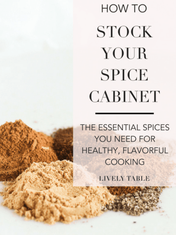piles of different spices on a counter with text overlay reading how to stock your spice cabinet.