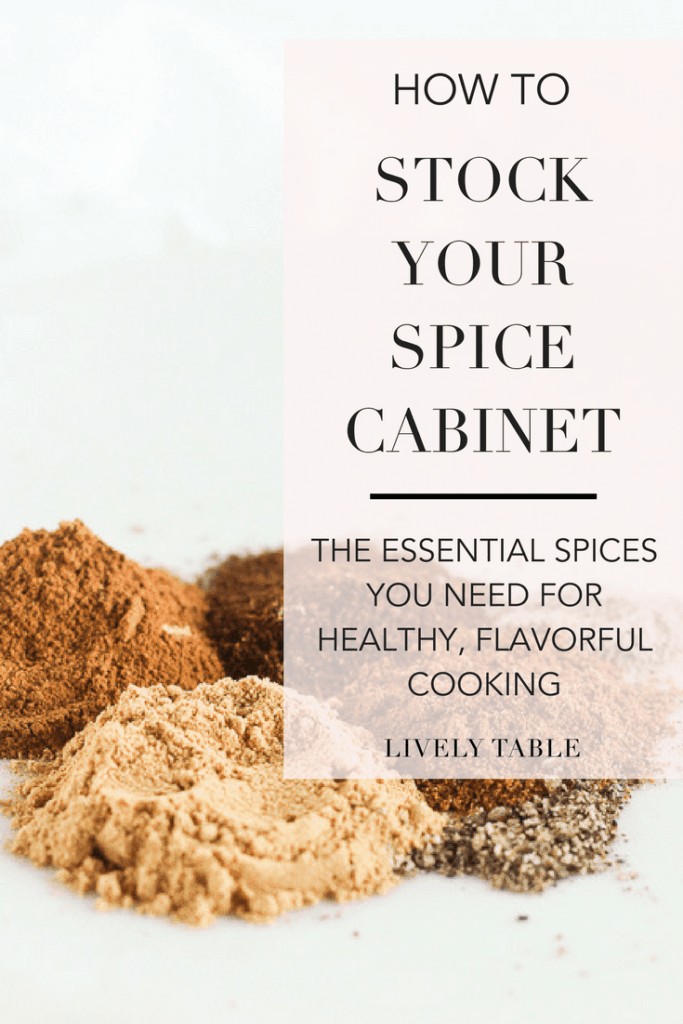 piles of different spices on a counter with text overlay reading how to stock your spice cabinet.