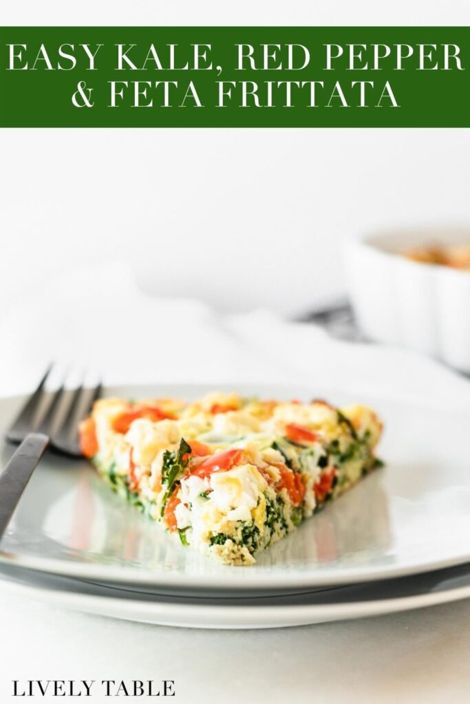 slice of kale red pepper and feta frittata on a white plate with a black fork with text overlay.
