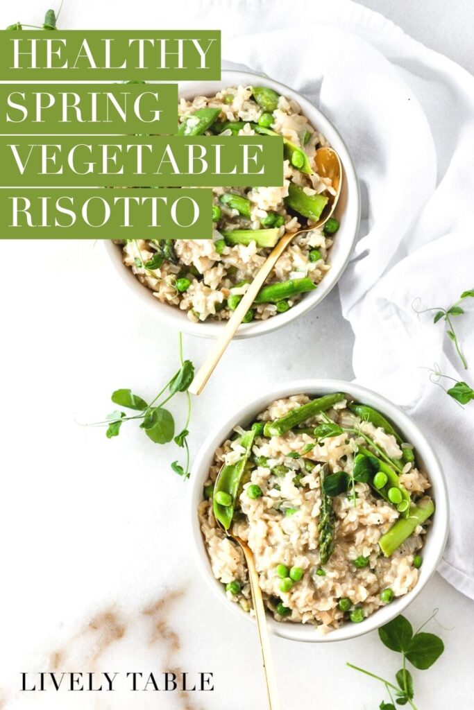 overhead view of 2 bowls of spring vegetable brown rice risotto with text overlay.