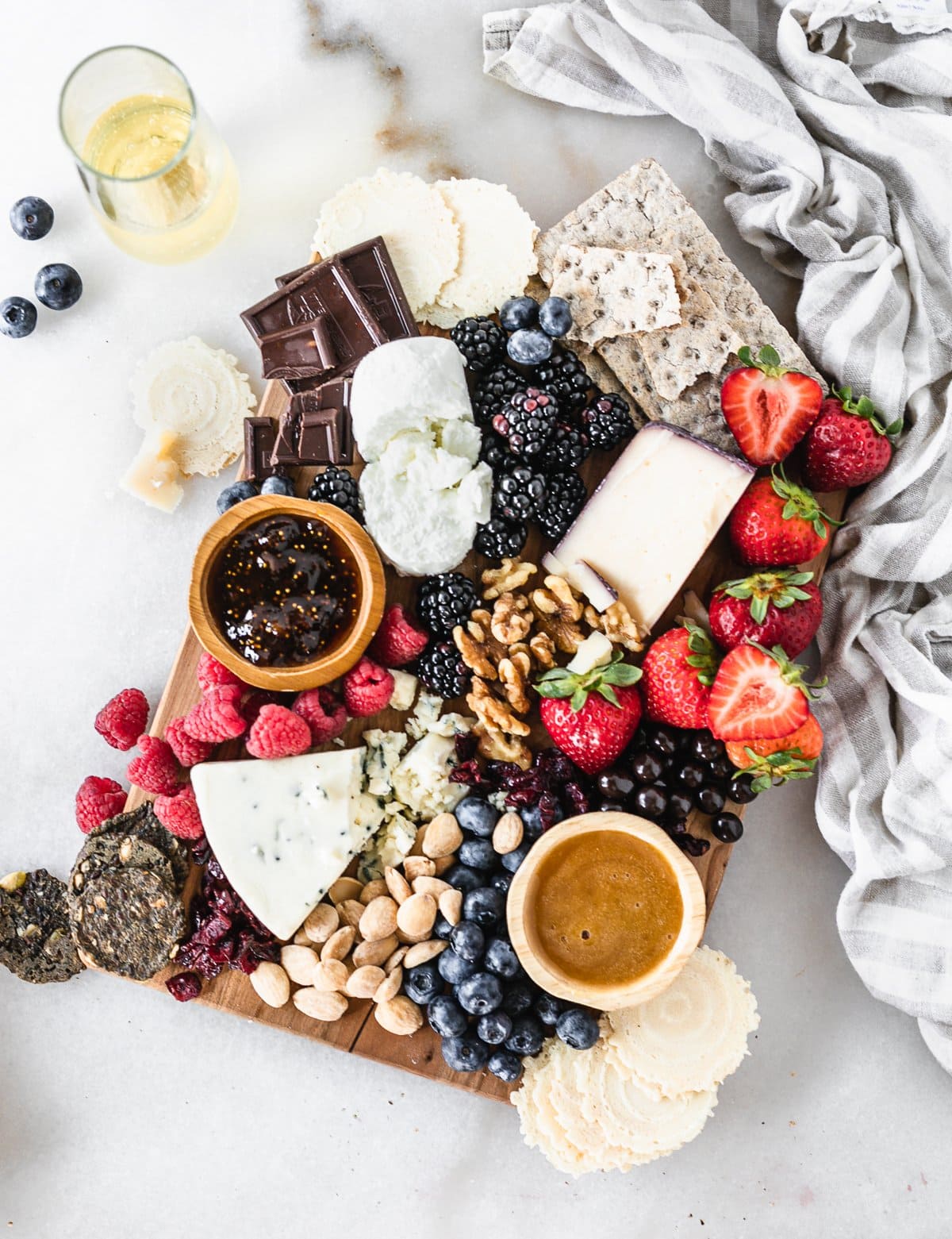 overhead view of berry charcuterie board.