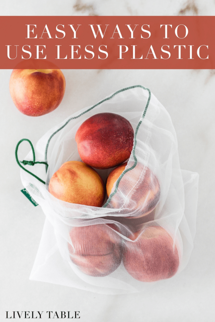 peaches in a mesh produce bag with text overlay reading easy ways to use less plastic.