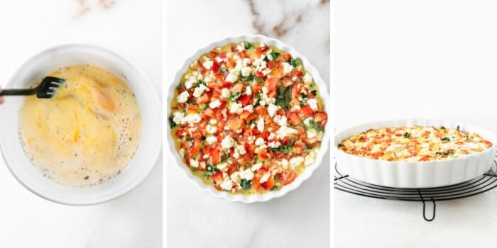 3 image collage showing steps for making kale red pepper and feta frittata.
