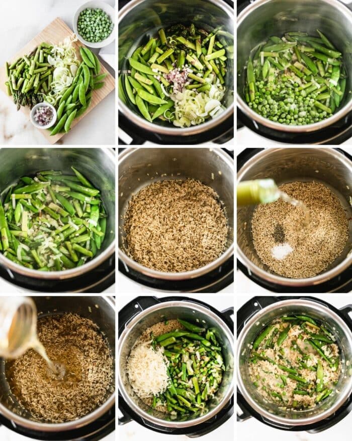 9 image collage showing steps for making spring vegetable instant pot brown rice risotto.