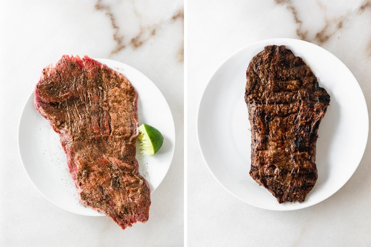 side by side images of seasoned raw flank steak on a plate and grilled chipotle flank steak on a plate.