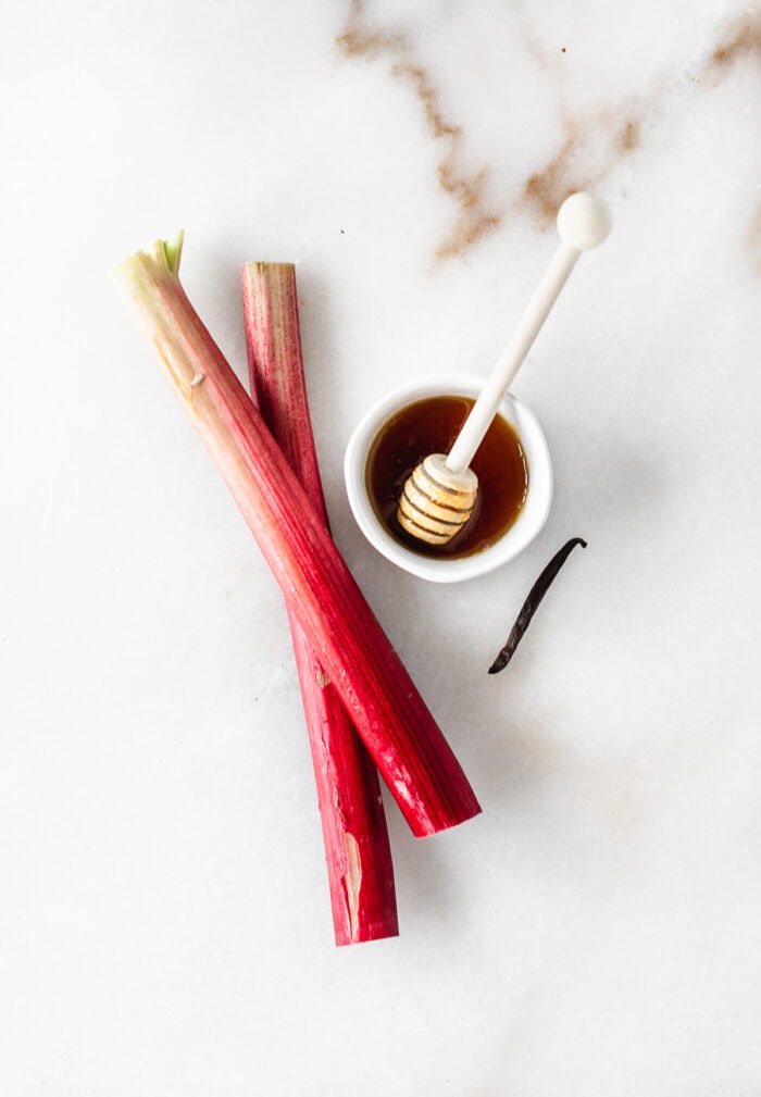 overhead view of rhubarb stalks, a vanilla bean, and a bowl of honey with a honey dipper on a white marble background.
