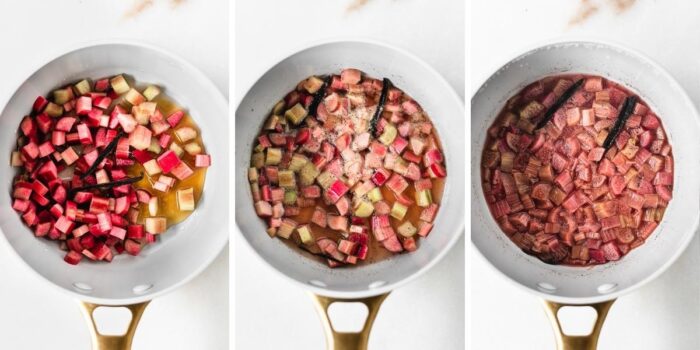 three image collage showing how to make vanilla bean rhubarb compote in a saucepan.