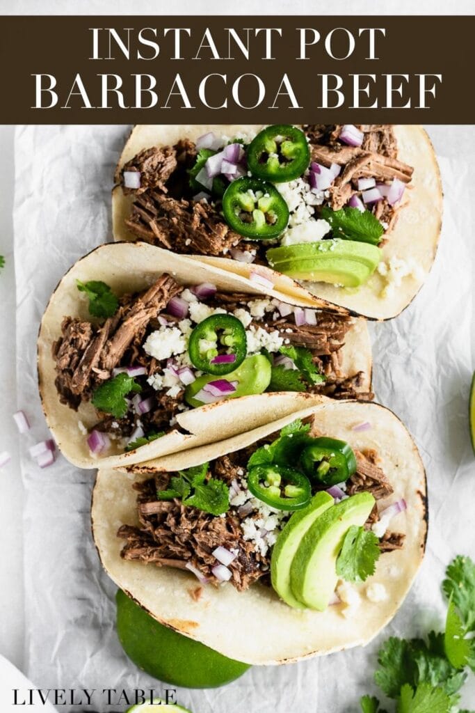 three barbacoa beef tacos with text overlay.
