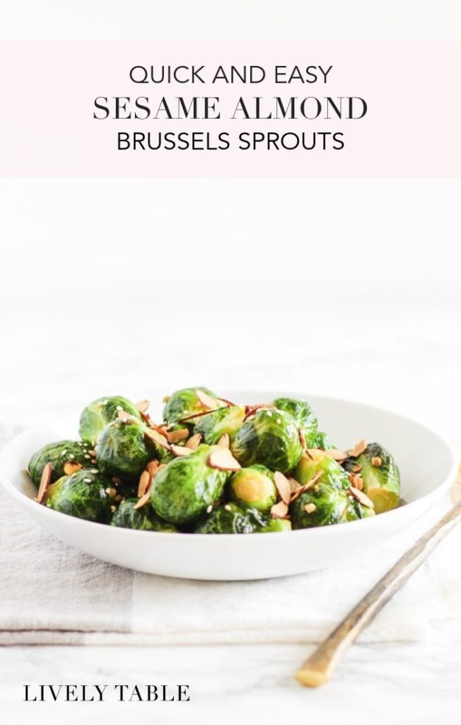 For a fun and flavorful side dish, these Sesame Almond Brussels Sprouts could not be any easier! You're only 5 minutes and 6 ingredients from a delicious veggie side. #glutenfree #dairyfree #vegan #brusselssprouts #sidedish #vegetables #easy #healthy