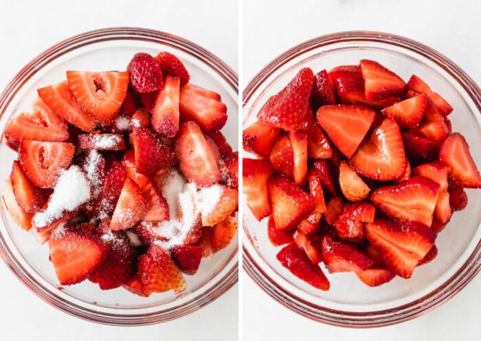 side by side images of sliced strawberries in a bowl covered with sugar and macerated sliced strawberries in a bowl.