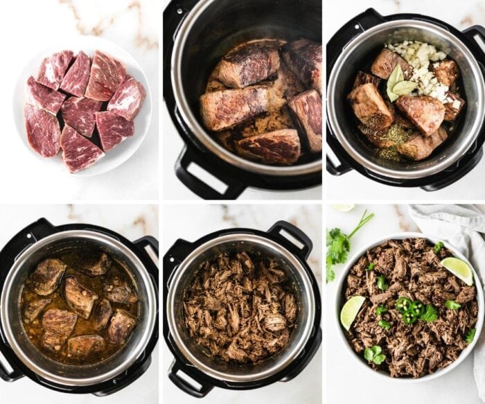 6 image collage showing steps for making instant pot barbacoa beef.