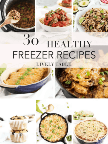 These 30 healthy freezer-friendly meals and snacks are great for prepping ahead and stocking your freezer as you wait for the arrival of a new baby, or just for a busy week ahead! #freezermeals #freezerrecipes #dinner #snacks #healthy #mealprep #slowcooker #freezer #baby #recipes