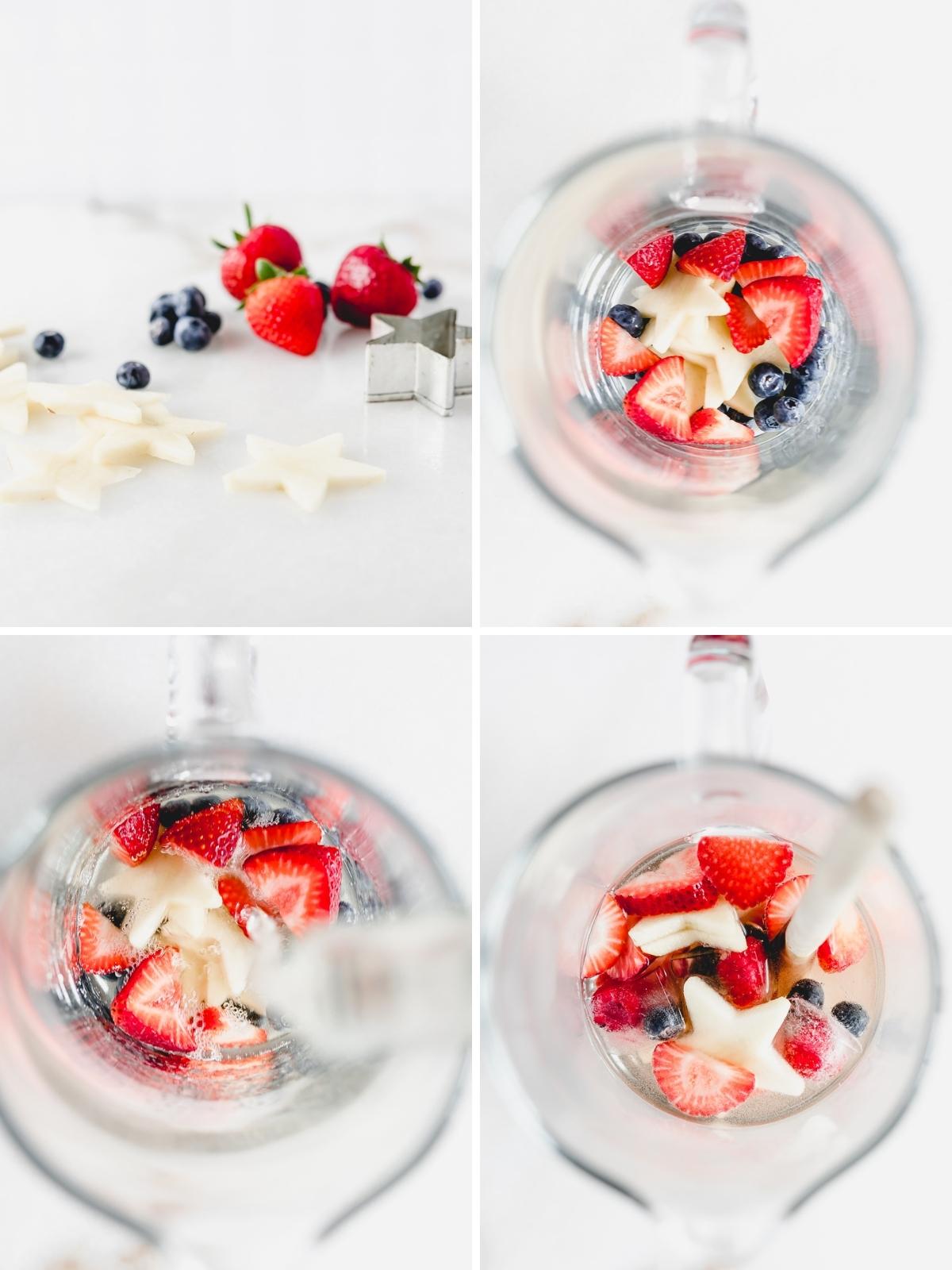 four image collage showing steps for making red white and blue sangria.