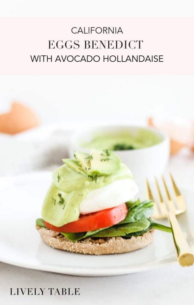 Vegetarian California Eggs Benedict with Avocado Hollandaise are a healthier version of the classic eggs benedict brunch, made with whole grain English muffins, poached eggs, fresh veggies, and a creamy, delicious avocado hollandaise sauce that's so easy to make! #vegetarian #dairyfree #nutfree #brunch #breakfast #eggsbenedict #yolkporn #avocado #easy #recipes
