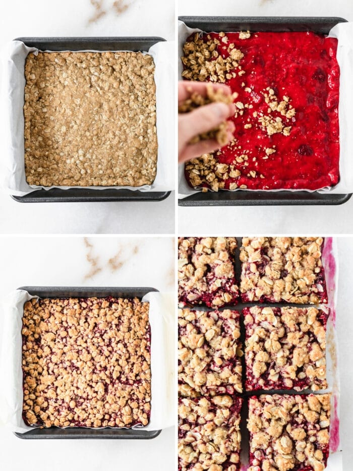 four image collage showing last steps of adding raspberry filling and crumb topping, baking and cutting raspberry crumb bars.