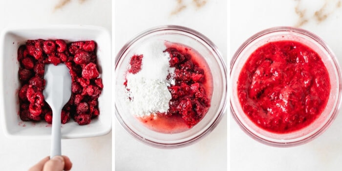 three image collage showing steps for making raspberry filling for crumb bars.