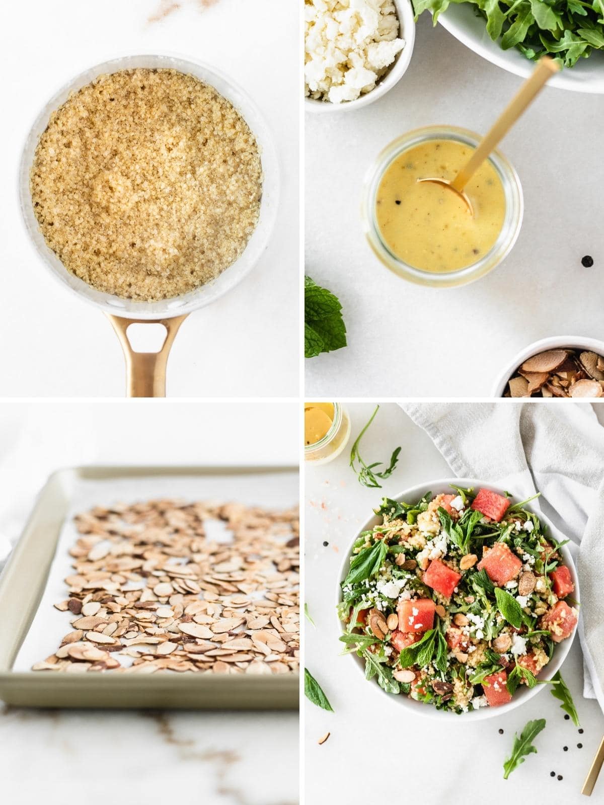 four image collage of cooked quinoa in a saucepan, champagne vinaigrette in a glass jar, toasted almonds on a baking sheet, and arugula salad with watermelon, quinoa and feta.. 