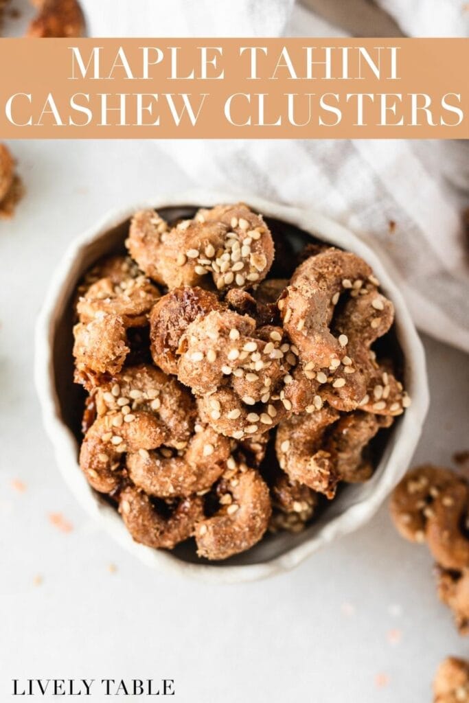 overhead view of maple tahini cashew clusters in a bowl with text overlay.