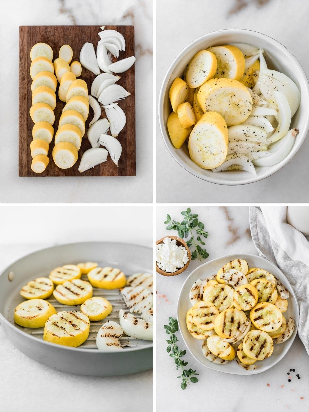 four image collage showing steps for making grilled yellow squash and onions.
