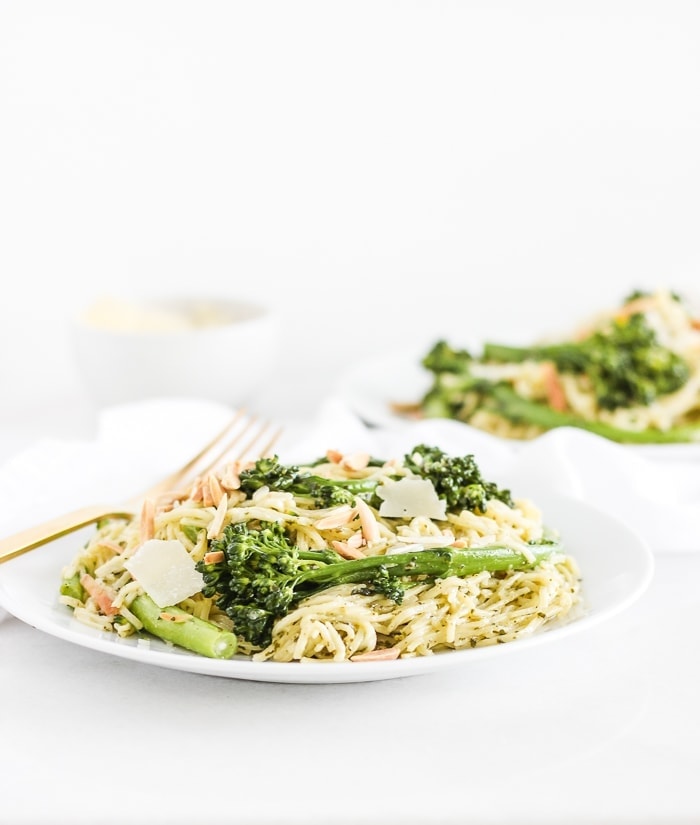 easy broccoli pesto pasta almondine