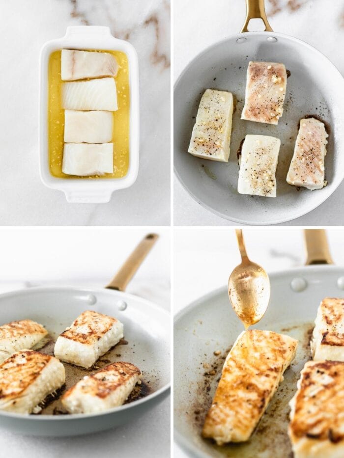 four image collage showing steps for making simple pan seared halibut.