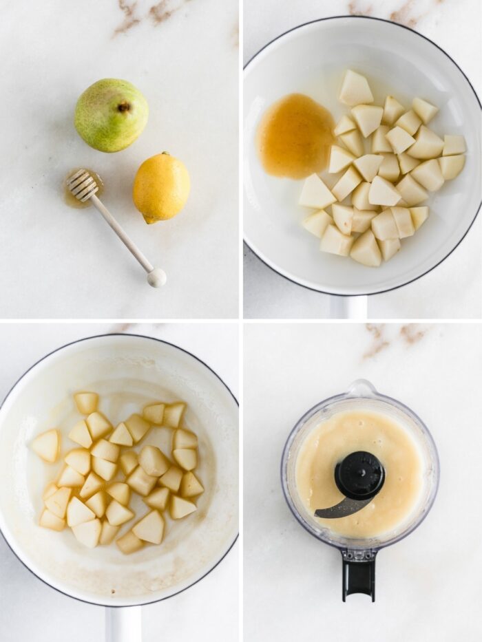 Four image collage showing steps to make pear pure.