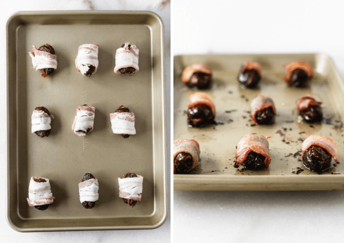 two image collage showing an overhead view of bacon wrapped dates on a baking sheet before cooking, and a straight-on view after cooking.