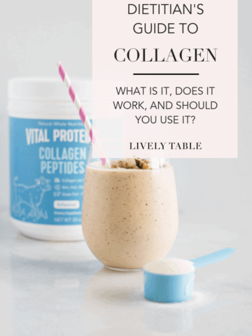 pinterest image of smoothie with collagen container in the background