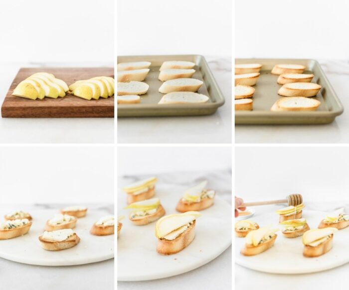 6 image collage showing steps for making pear blue cheese crostini.