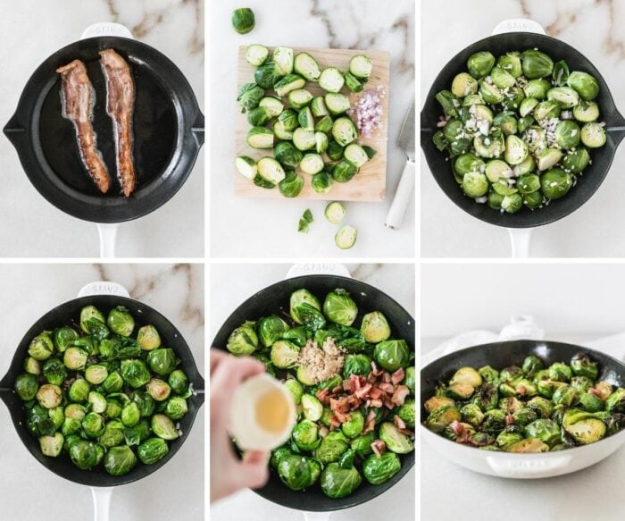 six image collage showing steps for making brussels sprouts with bacon bourbon and brown sugar.